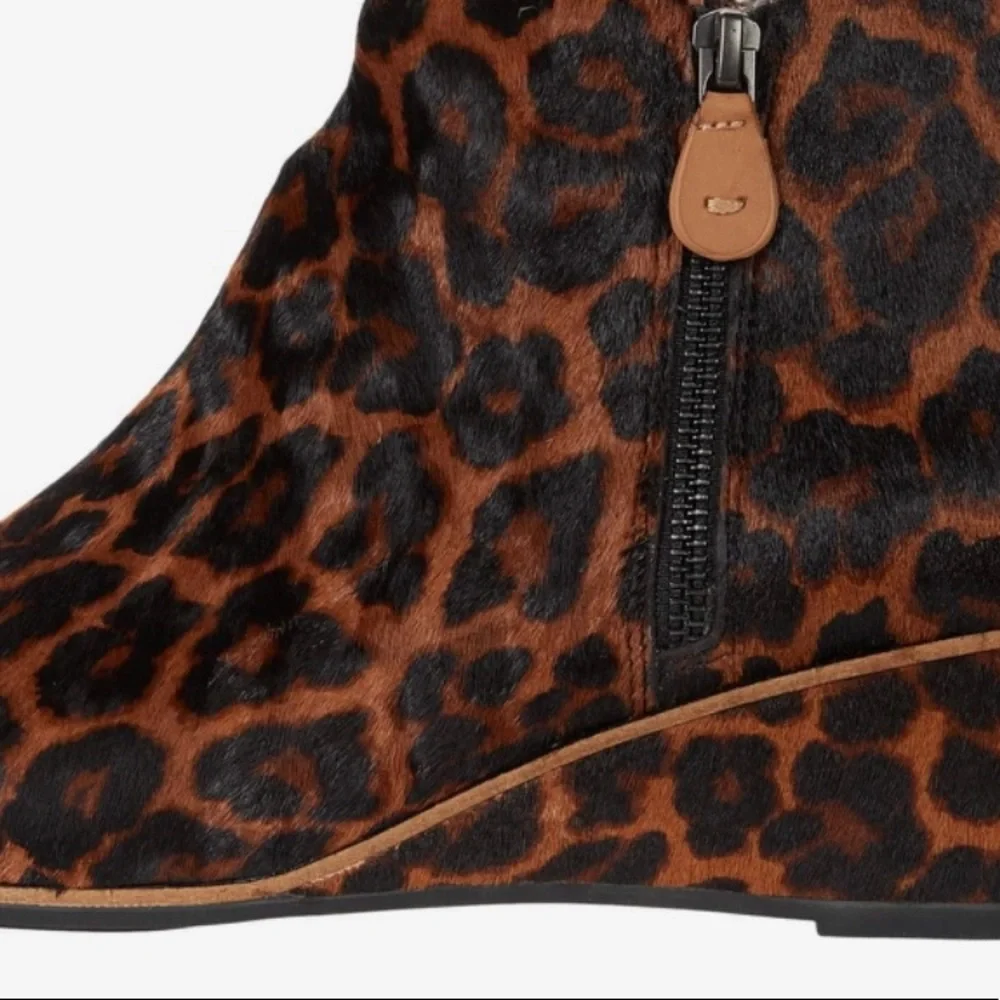 Kenneth Cole Gentle Souls real fur Ella Wedge Zip,Brown Multi Leopard, 6